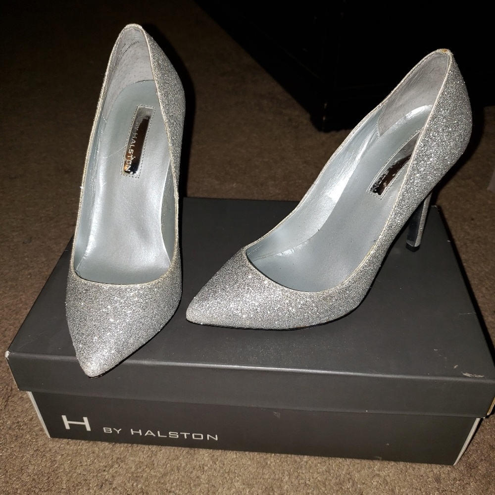 H by Halston silver glitter heels